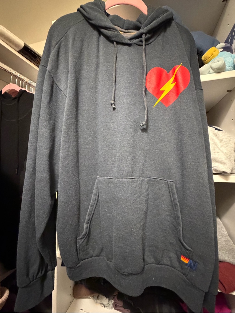 Aviator Nation Black/Gray Pullover Hoodie with Red Lightning Heart Graphic